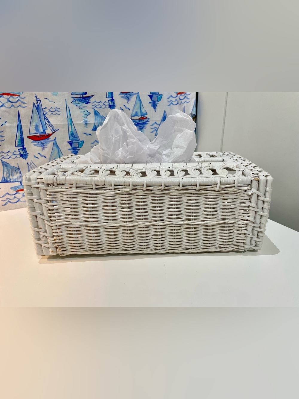 Vintage White Wicker Tissue Box Cover / Tissue Box Holder